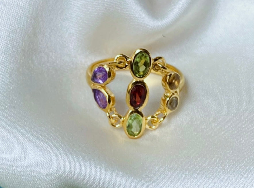 Gold plated ring semi precious stones, size 56