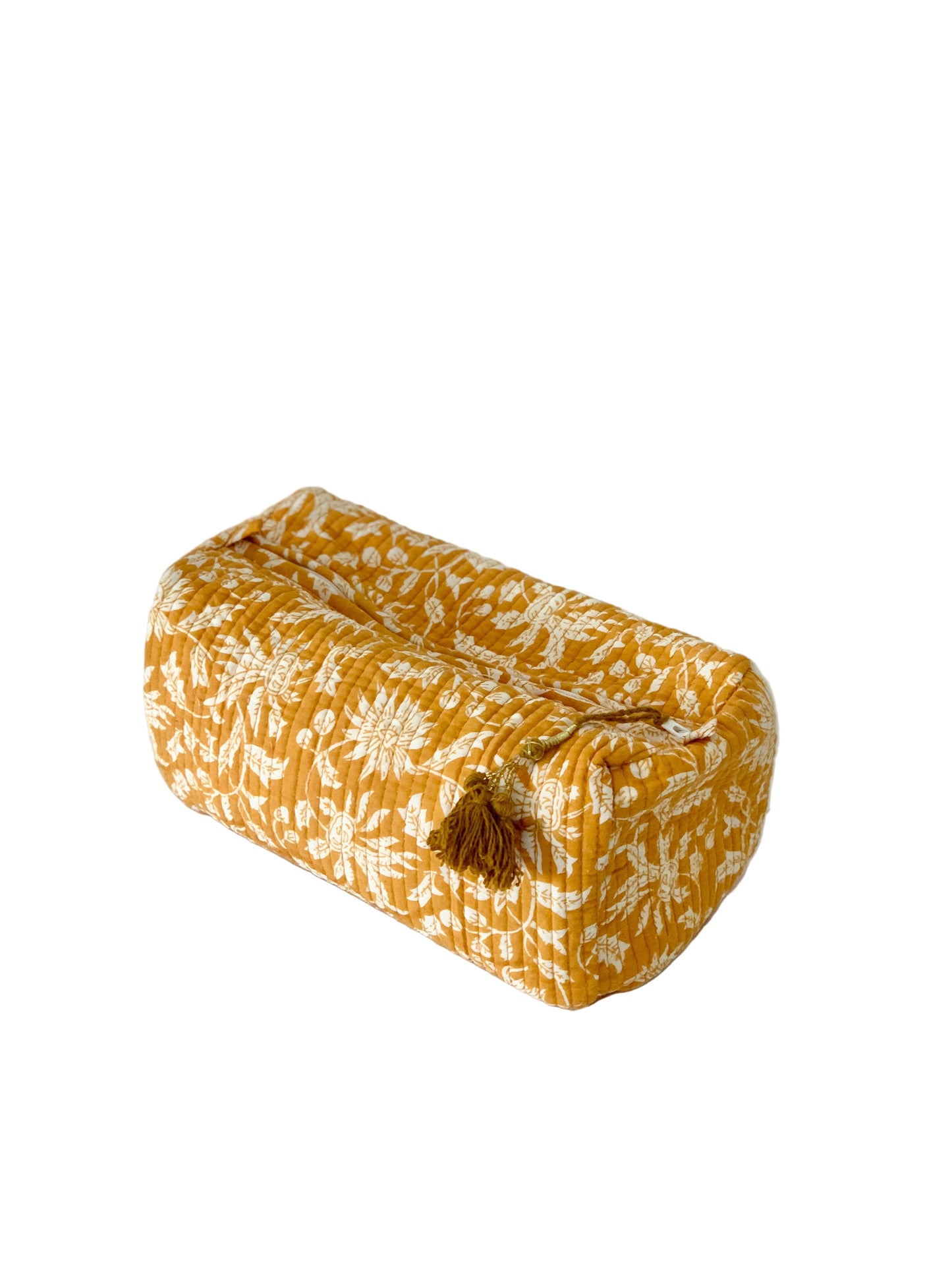 Rectangular fabric pouch with floral pattern on a white surface