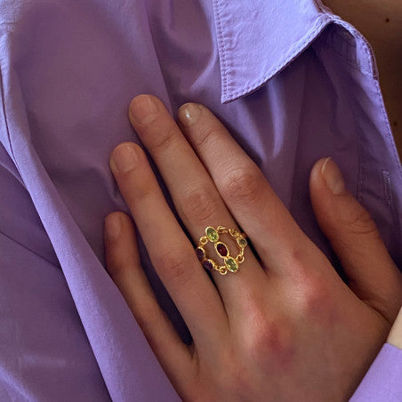 Gold plated ring semi precious stones, size 56